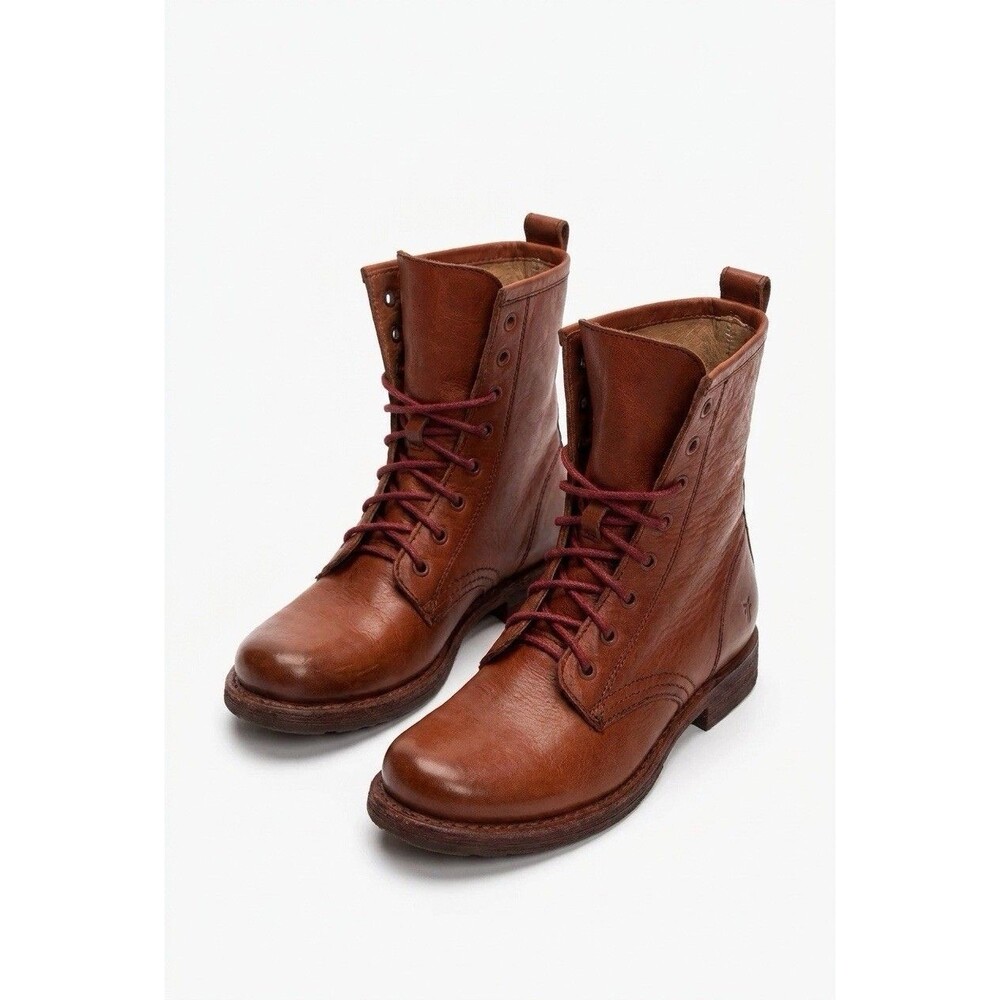 Frye Veronica Combat Boots Brown Cognac Leather Lace Up Womens Size 7 B